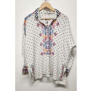 Johnny Was Gauze White Long Sleeve Colorful Embroidery V-Neck Top, Size Med Boho